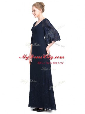 Shining Navy Blue V-neck Zipper Appliques Prom Gown Half Sleeves