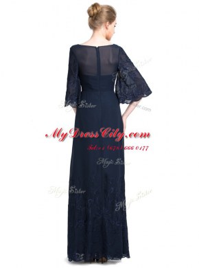 Shining Navy Blue V-neck Zipper Appliques Prom Gown Half Sleeves