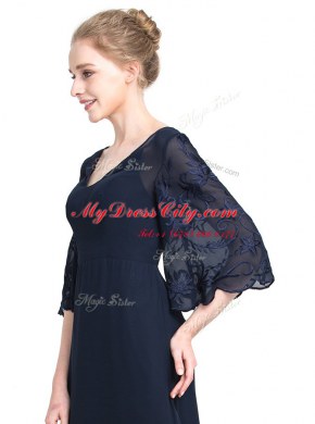 Shining Navy Blue V-neck Zipper Appliques Prom Gown Half Sleeves