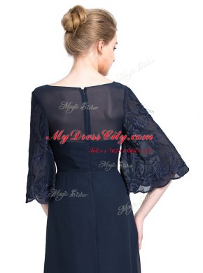 Shining Navy Blue V-neck Zipper Appliques Prom Gown Half Sleeves