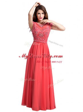 Top Selling Scoop Watermelon Red Cap Sleeves Beading Floor Length Evening Dress