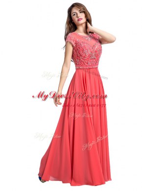 Top Selling Scoop Watermelon Red Cap Sleeves Beading Floor Length Evening Dress