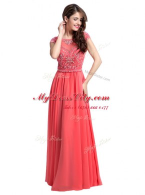 Top Selling Scoop Watermelon Red Cap Sleeves Beading Floor Length Evening Dress