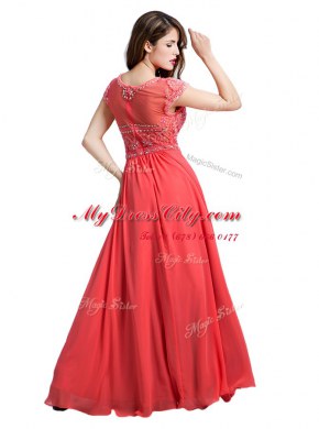Top Selling Scoop Watermelon Red Cap Sleeves Beading Floor Length Evening Dress