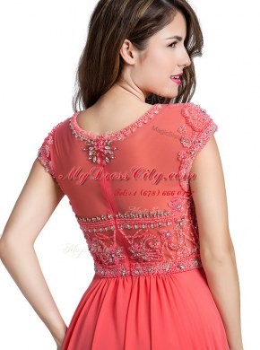 Top Selling Scoop Watermelon Red Cap Sleeves Beading Floor Length Evening Dress
