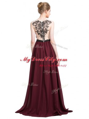 Latest Burgundy Sleeveless With Train Lace Zipper Prom Dresses