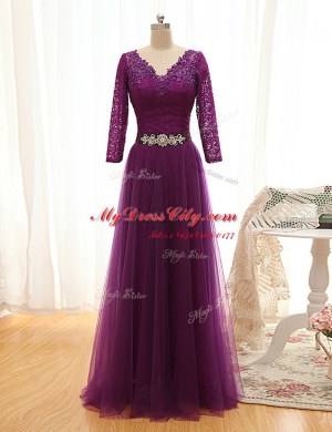 V-neck 3 4 Length Sleeve Pageant Gowns Floor Length Beading and Lace Purple Tulle