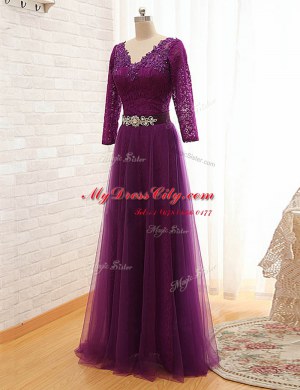 V-neck 3 4 Length Sleeve Pageant Gowns Floor Length Beading and Lace Purple Tulle