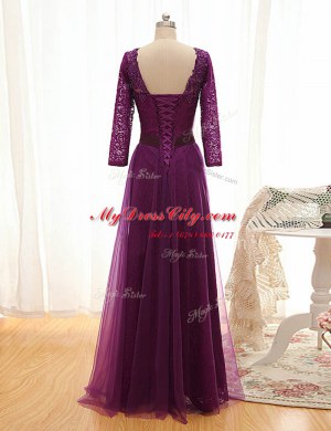 V-neck 3 4 Length Sleeve Pageant Gowns Floor Length Beading and Lace Purple Tulle