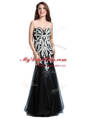 Black Column/Sheath Beading and Lace Zipper Tulle Sleeveless Floor Length