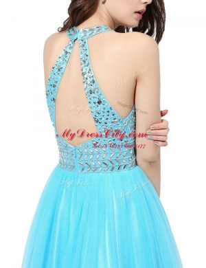 Dynamic Scoop Sleeveless Tulle Prom Party Dress Beading Zipper