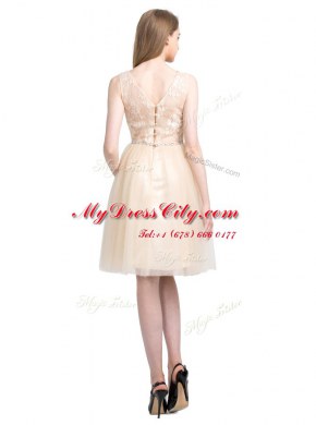 Champagne Bateau Clasp Handle Beading and Lace Cocktail Dresses Sleeveless