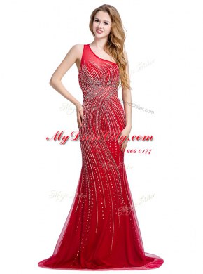 Beautiful One Shoulder With Train Red Tulle Brush Train Sleeveless Beading