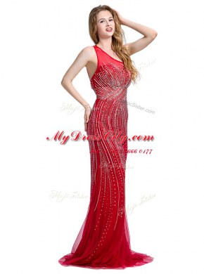 Beautiful One Shoulder With Train Red Tulle Brush Train Sleeveless Beading