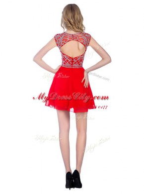 Designer Red Sleeveless Mini Length Beading Zipper Prom Gown