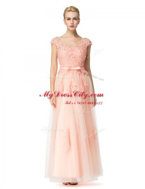 Low Price Scoop Cap Sleeves Prom Dress Floor Length Lace Peach Tulle