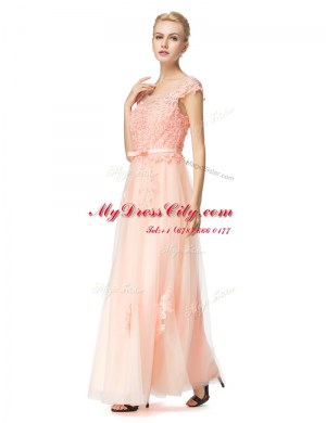 Low Price Scoop Cap Sleeves Prom Dress Floor Length Lace Peach Tulle
