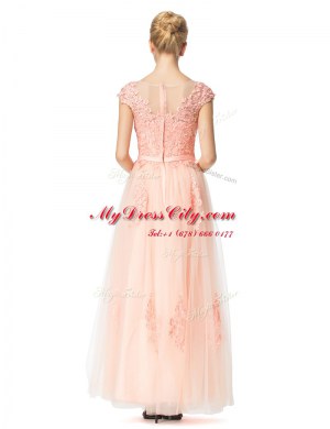 Low Price Scoop Cap Sleeves Prom Dress Floor Length Lace Peach Tulle