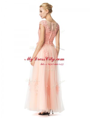 Low Price Scoop Cap Sleeves Prom Dress Floor Length Lace Peach Tulle