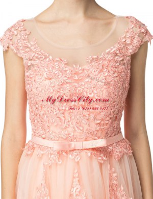 Low Price Scoop Cap Sleeves Prom Dress Floor Length Lace Peach Tulle