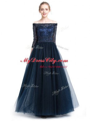 Modern Navy Blue Column/Sheath Tulle Off The Shoulder 3 4 Length Sleeve Beading and Appliques Floor Length Zipper Prom Party Dress