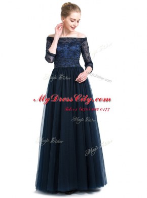 Modern Navy Blue Column/Sheath Tulle Off The Shoulder 3 4 Length Sleeve Beading and Appliques Floor Length Zipper Prom Party Dress