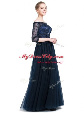 Modern Navy Blue Column/Sheath Tulle Off The Shoulder 3 4 Length Sleeve Beading and Appliques Floor Length Zipper Prom Party Dress