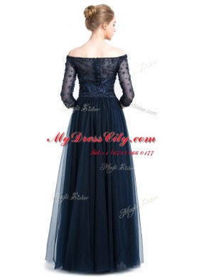 Modern Navy Blue Column/Sheath Tulle Off The Shoulder 3 4 Length Sleeve Beading and Appliques Floor Length Zipper Prom Party Dress