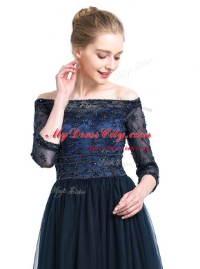 Modern Navy Blue Column/Sheath Tulle Off The Shoulder 3 4 Length Sleeve Beading and Appliques Floor Length Zipper Prom Party Dress