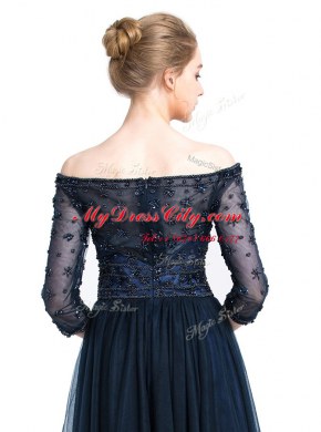 Modern Navy Blue Column/Sheath Tulle Off The Shoulder 3 4 Length Sleeve Beading and Appliques Floor Length Zipper Prom Party Dress