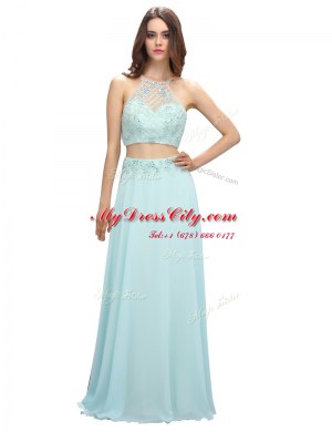 Scoop Floor Length Zipper Prom Gown Light Blue for Prom and Party with Beading