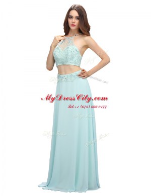 Scoop Floor Length Zipper Prom Gown Light Blue for Prom and Party with Beading