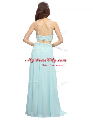 Scoop Floor Length Zipper Prom Gown Light Blue for Prom and Party with Beading