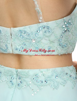 Scoop Floor Length Zipper Prom Gown Light Blue for Prom and Party with Beading