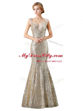 Mermaid Sleeveless Floor Length Sequins Zipper Prom Gown with Champagne