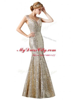 Mermaid Sleeveless Floor Length Sequins Zipper Prom Gown with Champagne