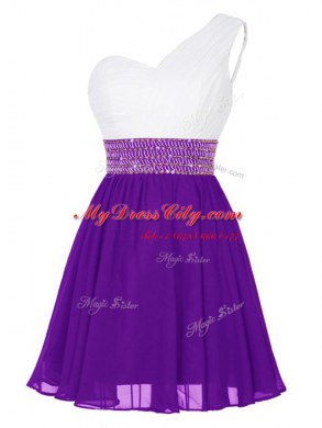 Chiffon One Shoulder Sleeveless Zipper Beading Prom Evening Gown in White And Purple