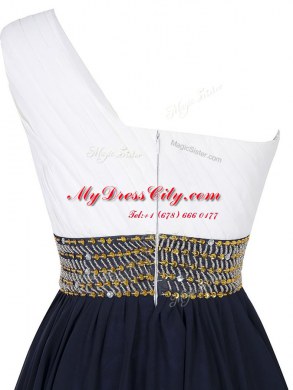 Chiffon One Shoulder Sleeveless Zipper Beading Prom Evening Gown in White And Purple