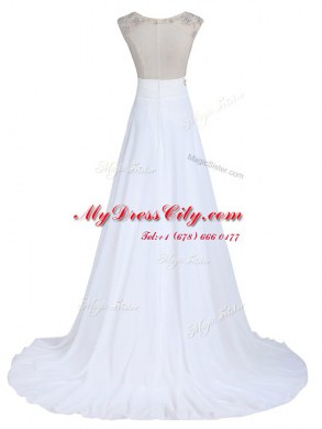White Scoop Backless Beading Brush Train Sleeveless