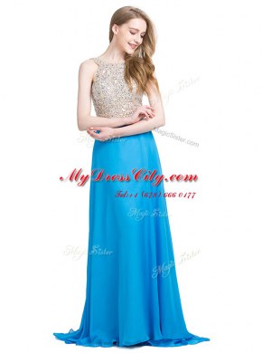 Scoop Sleeveless Chiffon Prom Dresses Beading Brush Train Zipper