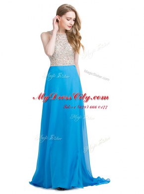 Scoop Sleeveless Chiffon Prom Dresses Beading Brush Train Zipper