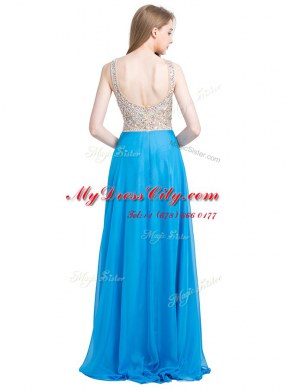 Scoop Sleeveless Chiffon Prom Dresses Beading Brush Train Zipper