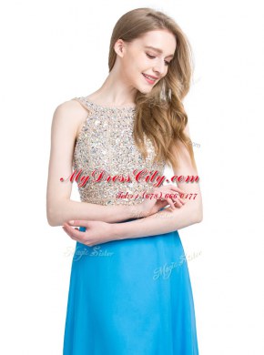 Scoop Sleeveless Chiffon Prom Dresses Beading Brush Train Zipper