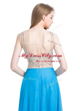 Scoop Sleeveless Chiffon Prom Dresses Beading Brush Train Zipper