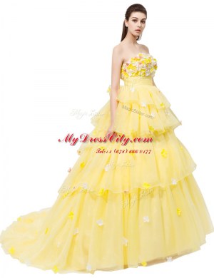 Yellow Lace Up Strapless Ruffled Layers and Hand Made Flower Custom Made Pageant Dress Organza Sleeveless