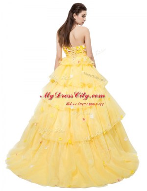 Yellow Lace Up Strapless Ruffled Layers and Hand Made Flower Custom Made Pageant Dress Organza Sleeveless