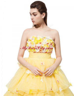 Yellow Lace Up Strapless Ruffled Layers and Hand Made Flower Custom Made Pageant Dress Organza Sleeveless