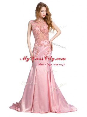 Affordable Mermaid Scoop Sleeveless Silk Like Satin With Brush Train Backless Prom Dresses in Baby Pink with Beading