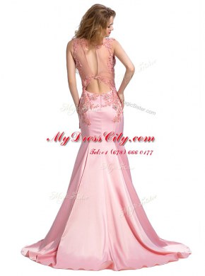 Affordable Mermaid Scoop Sleeveless Silk Like Satin With Brush Train Backless Prom Dresses in Baby Pink with Beading