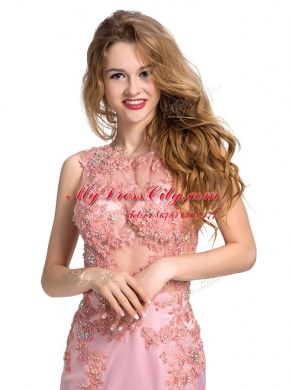 Affordable Mermaid Scoop Sleeveless Silk Like Satin With Brush Train Backless Prom Dresses in Baby Pink with Beading
